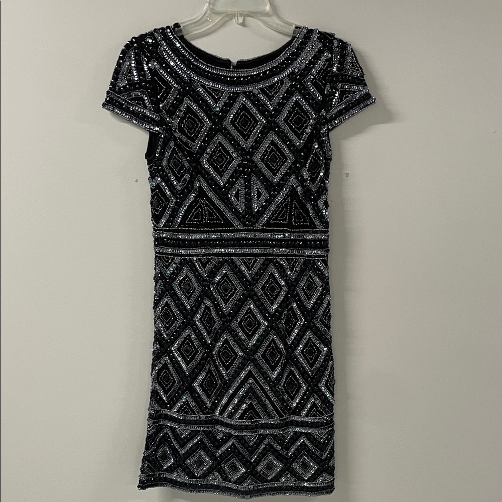 Adrianna Papell Black and Silver Sequin Mini Dress